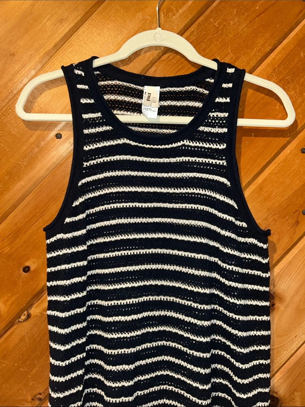 Pact Beachside Linen & Cotton Crochet Knit Cover-Up in Navy Capri Stripe